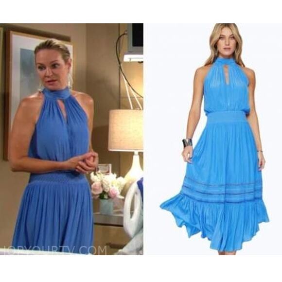 Ramy Brook Annette Halter Dress Petrol Teal Blue Green Smocked Waist Size L - Picture 8 of 9